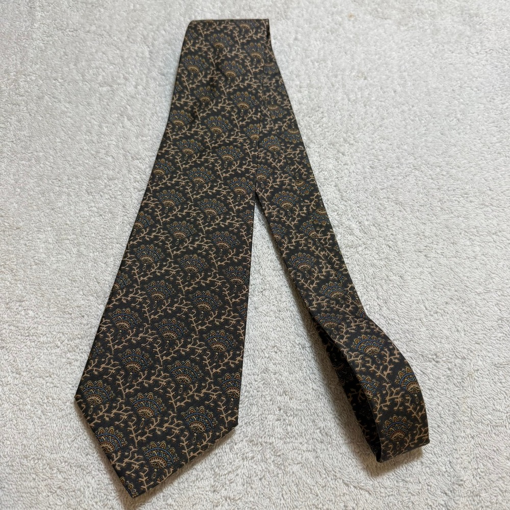 Jim Thompson Mens Silk Tie Brown Tan Blue Geometric Floral Made in Thailand
